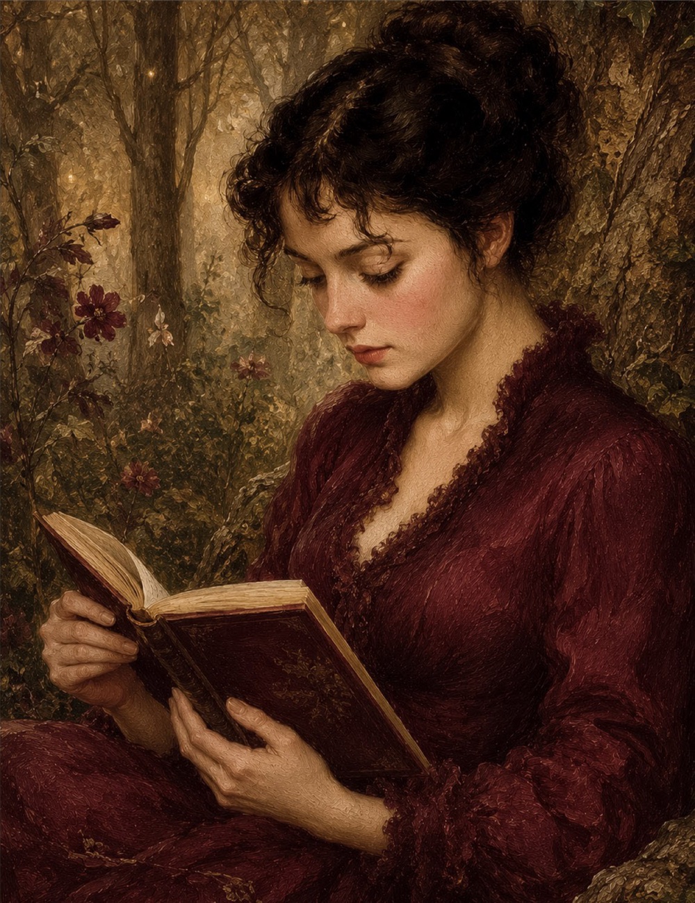 Pintura de uma mulher lendo um livro em um jardim