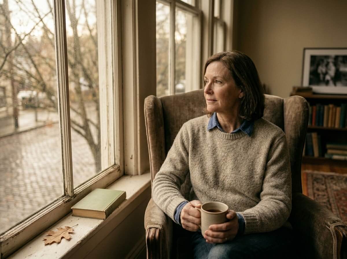 A person in silence near a window, evoking grief, memory and passage