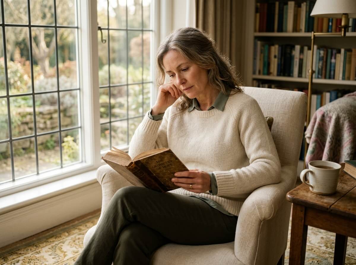 A person reading quietly near a window, evoking human questions and symbolic stories
