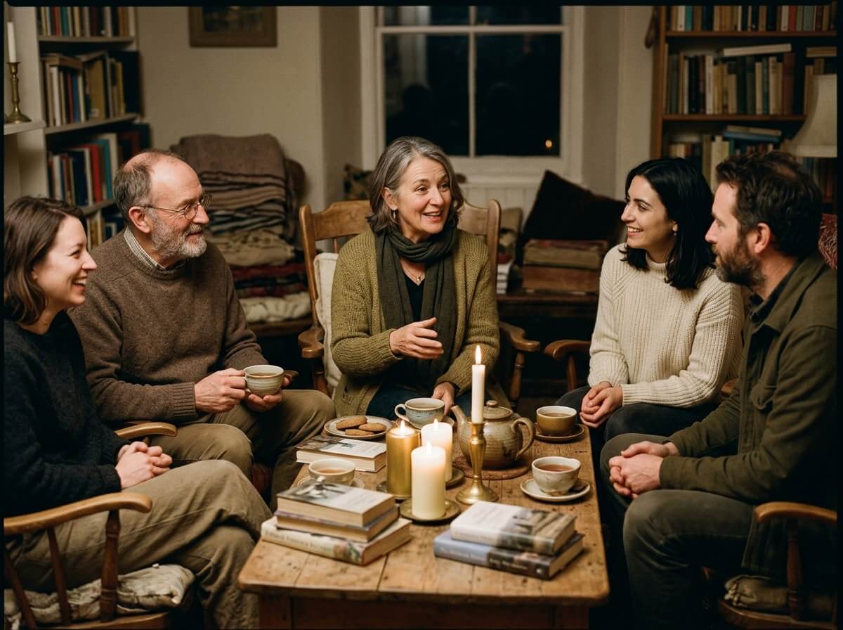 A group gathered in listening, evoking belonging, shared stories and connection